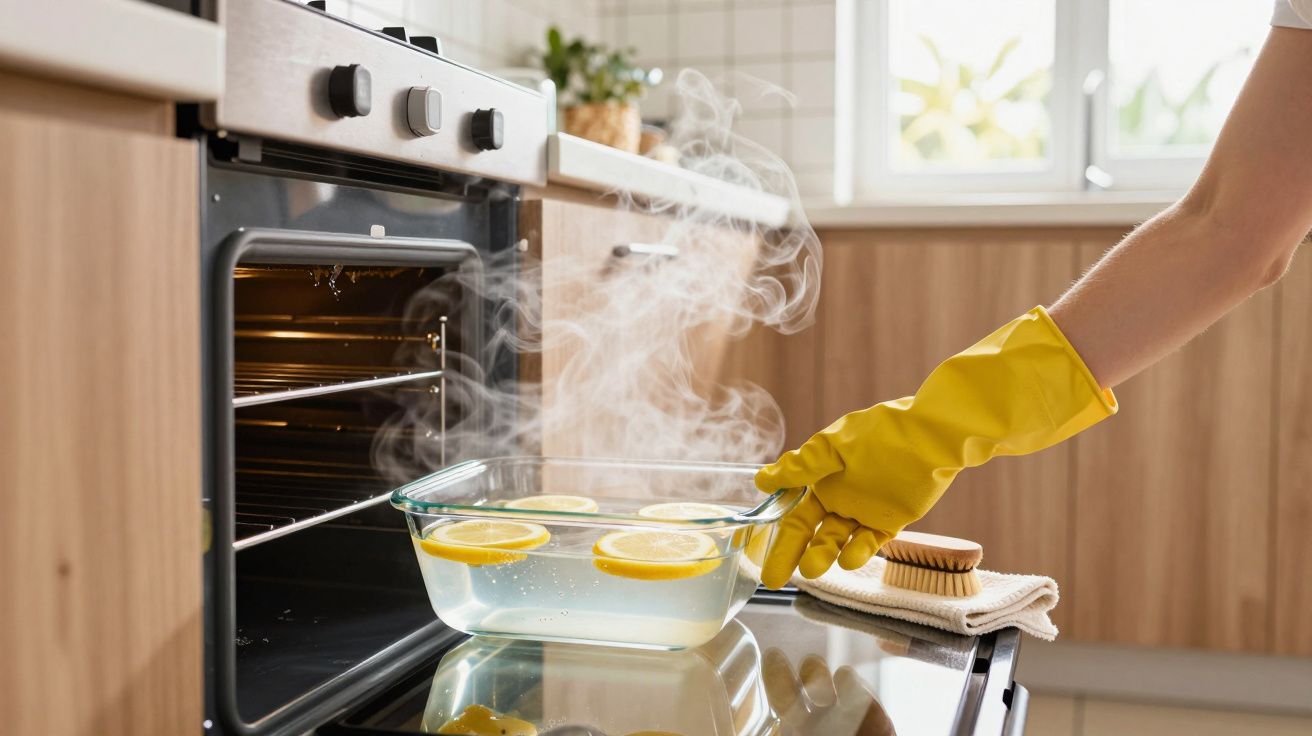 Pessoa a colocar tabuleiro com água e rodelas de limão num forno aberto numa cozinha moderna.