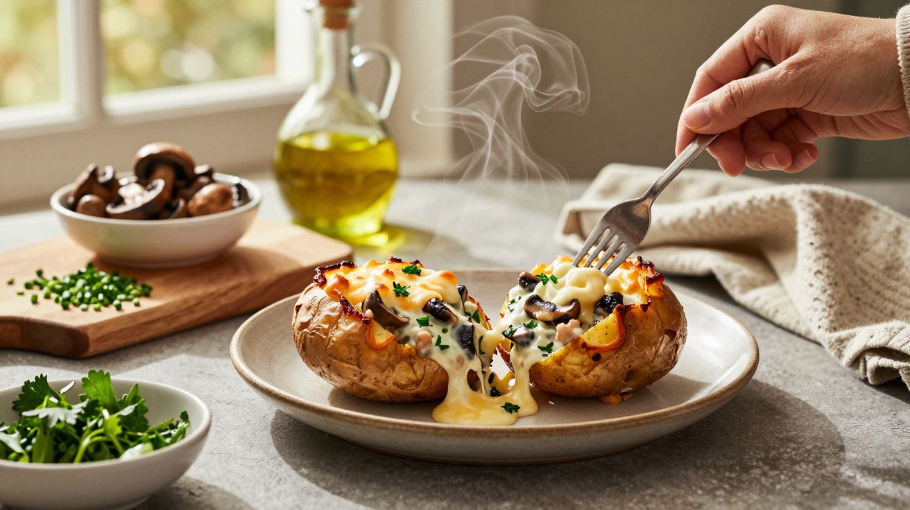 Batatas assadas recheadas com queijo derretido, cogumelos e ervas, servidas num prato com vapor a sair.