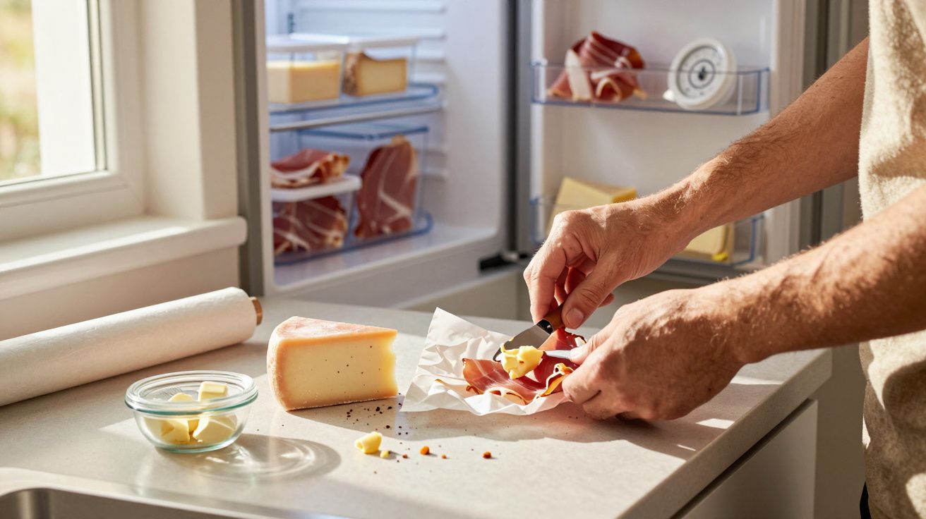 Pessoa a cortar fatias de queijo à mão numa bancada junto a um frigorífico aberto com charcutaria e queijo.