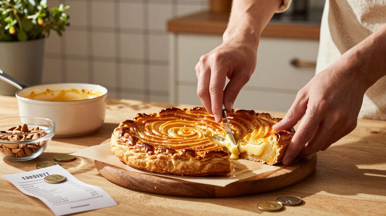 Pessoa a cortar uma fatia de tarte doce com creme num prato de madeira numa cozinha iluminada.