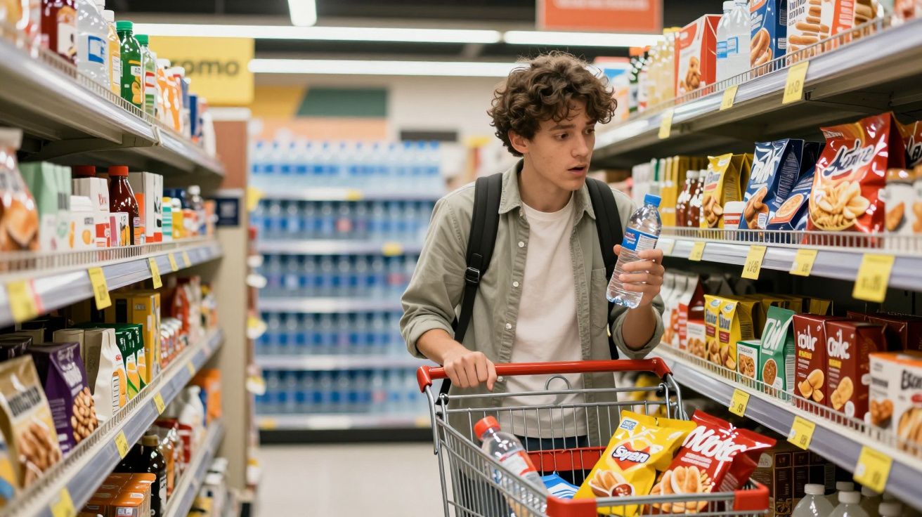 Jovem com mochila escolhe água numa prateleira enquanto empurra carrinho de supermercado cheio de compras.