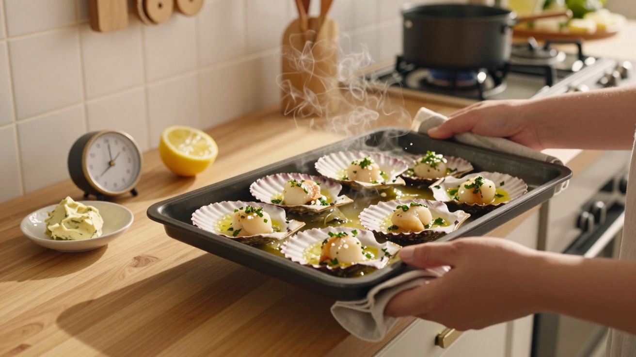 Tabuleiro com vieiras temperadas prontas a servir numa cozinha luminosa, manteiga e limão ao lado.