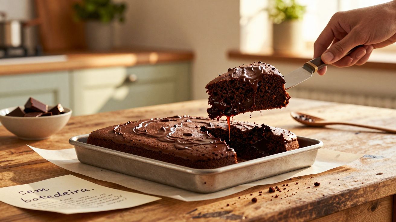 Bolo de chocolate húmido numa forma metálica, fatia a ser servida com chocolate derretido a escorrer.