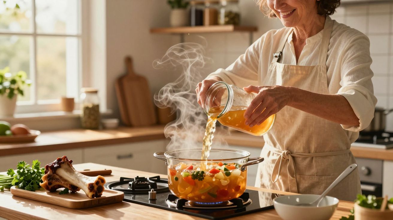 Pessoa a preparar sopa com legumes numa cozinha moderna, com vapor a sair da panela no fogão a gás.