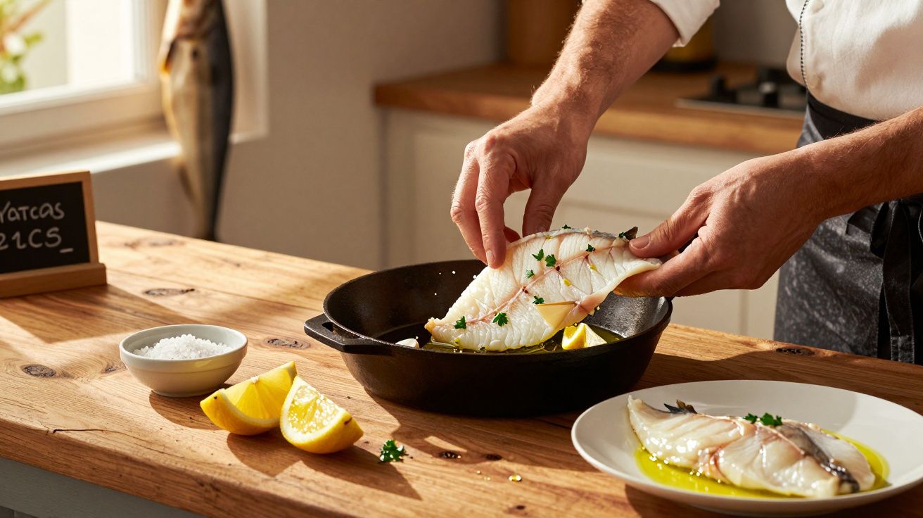 Pessoa a cozinhar peixe com ervas e limão numa cozinha iluminada, com ingredientes sobre a bancada de madeira.