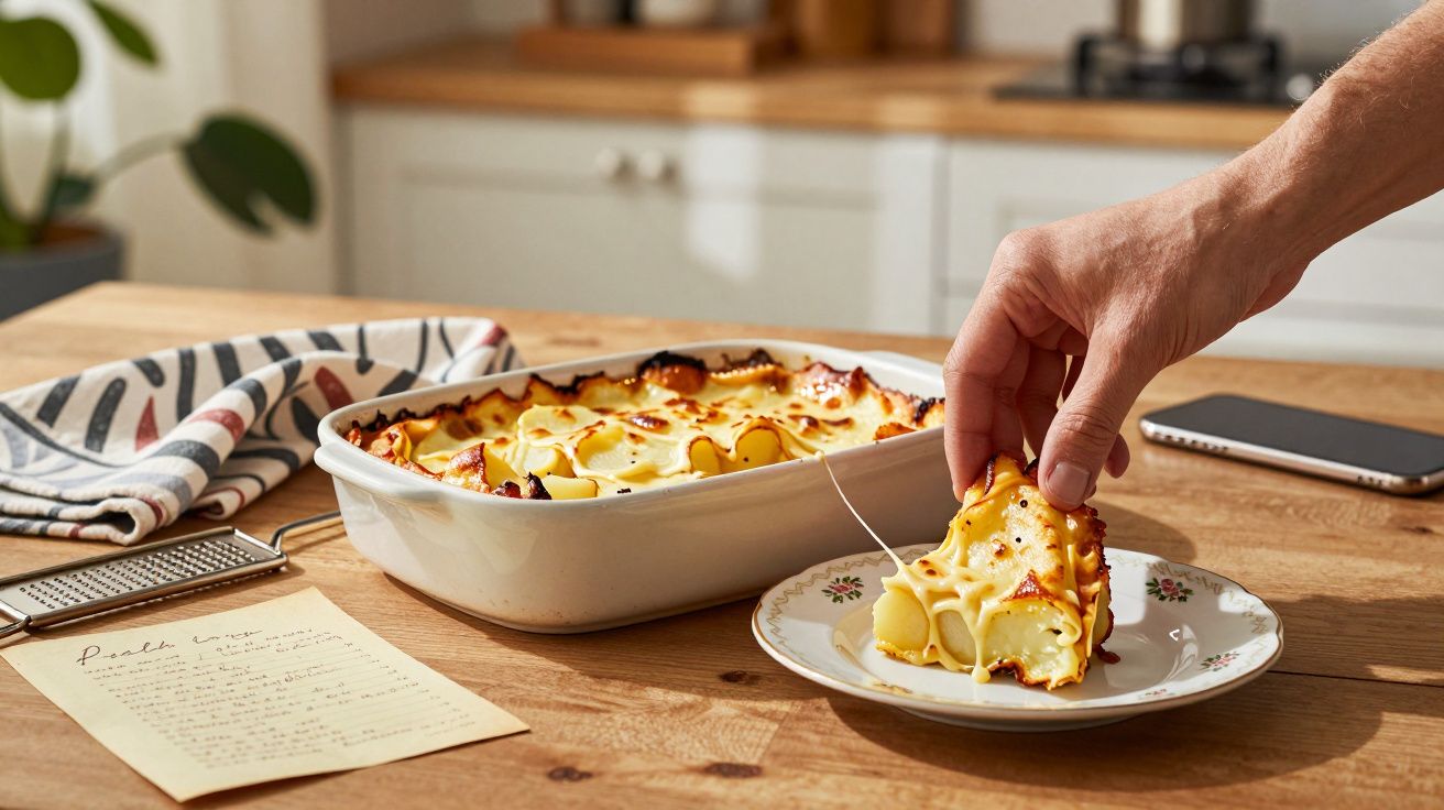Mão a servir fatia de lasanha com queijo derretido de tabuleiro branco numa mesa de cozinha.