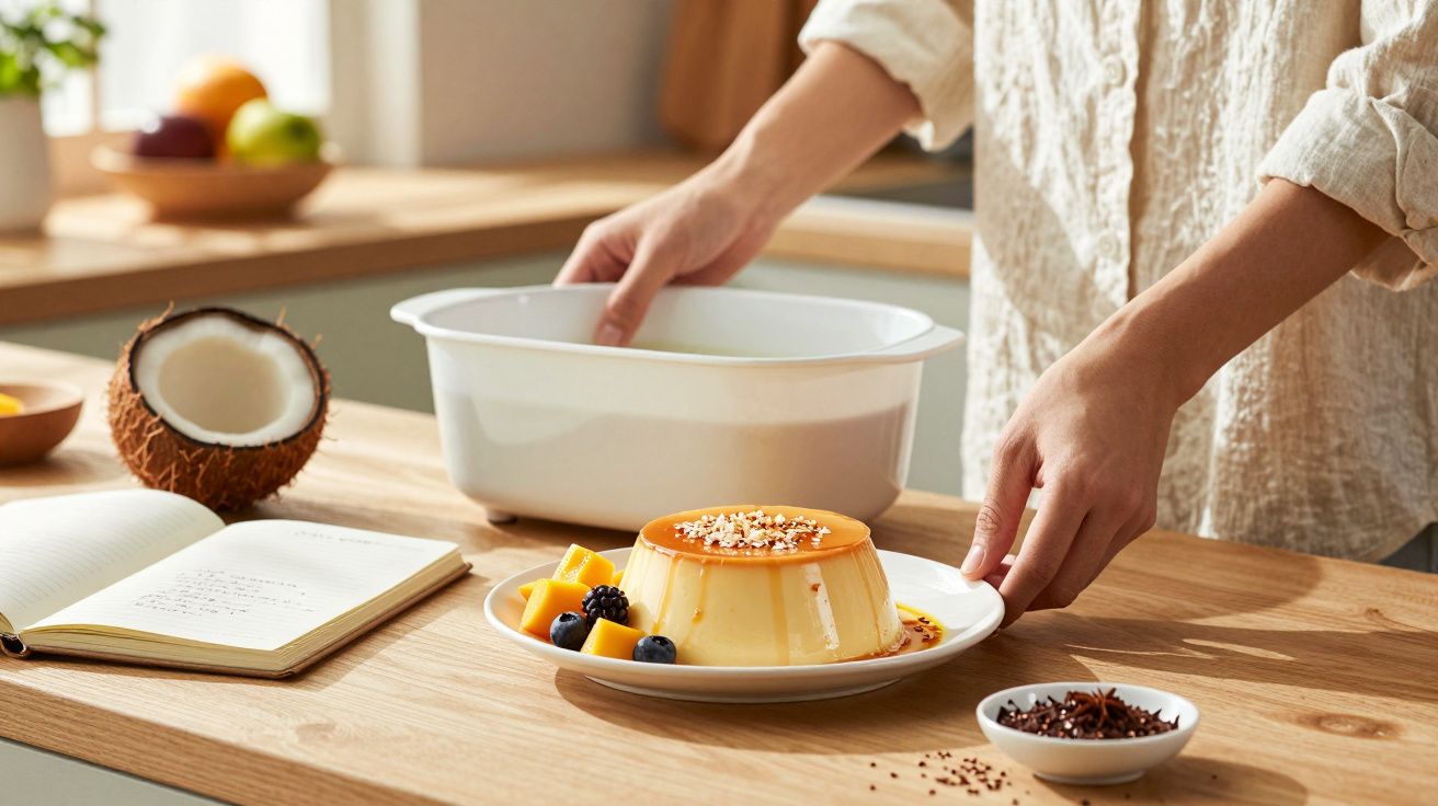 Pessoa a servir pudim com frutas e frutas secas numa cozinha luminosa.