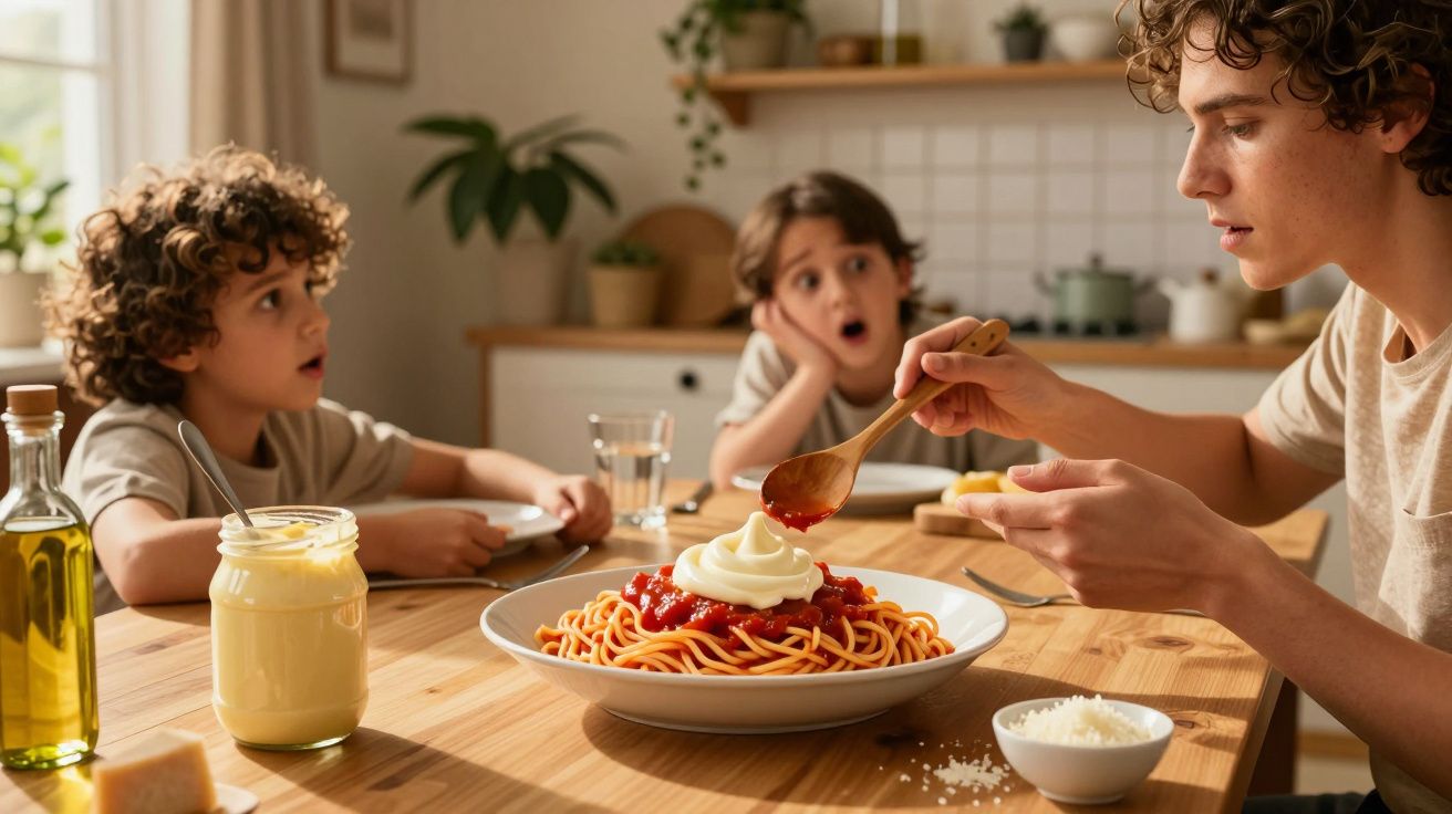 Homem adulto a colocar molho num prato de esparguete com duas crianças com expressão surpresa à sua frente numa mesa de cozin