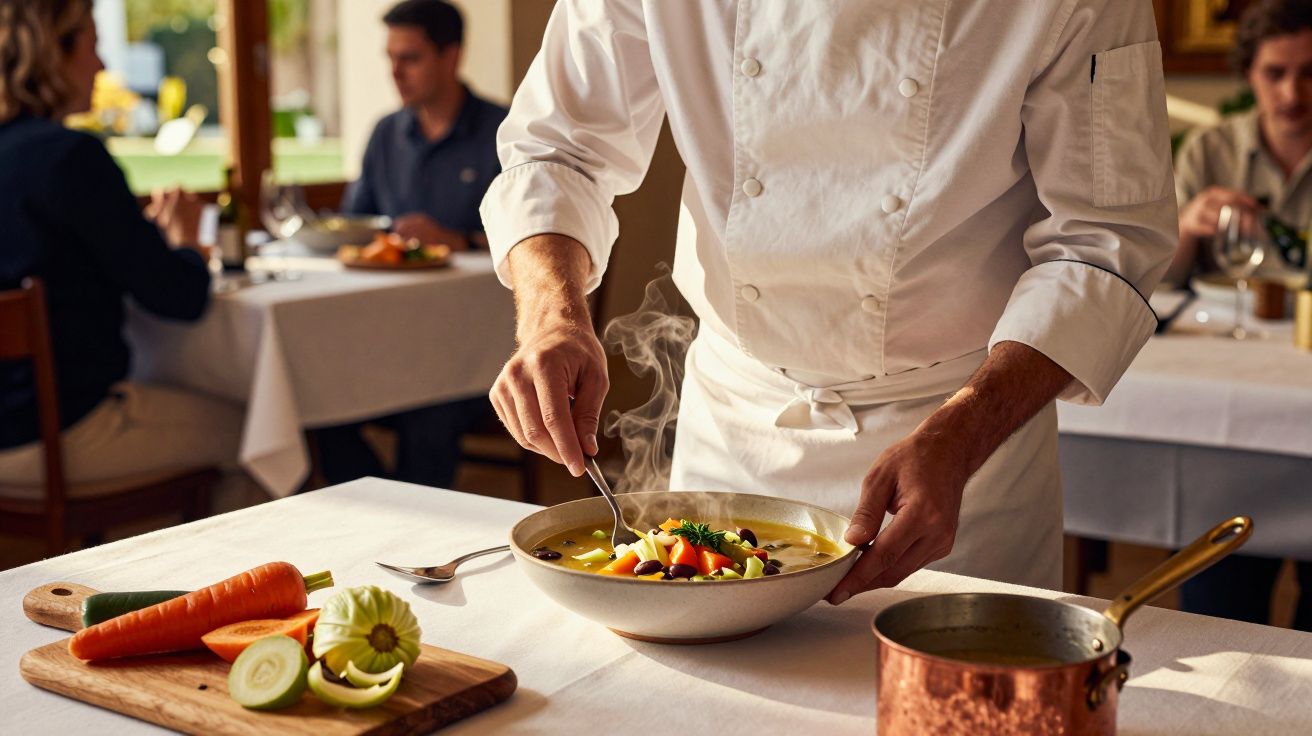 Chefe de cozinha a finalizar prato de sopa quente com legumes, em restaurante acolhedor com clientes ao fundo.