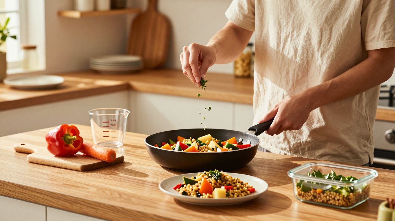 Pessoa a temperar legumes e grãos numa frigideira numa cozinha moderna com ingredientes frescos sobre a bancada.
