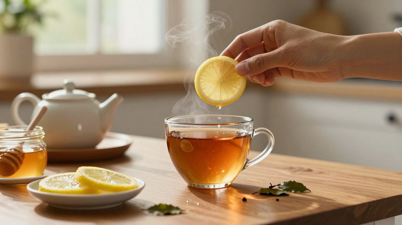 Mão a colocar fatia de limão em chá quente numa chávena de vidro com pote de mel e bule ao fundo.