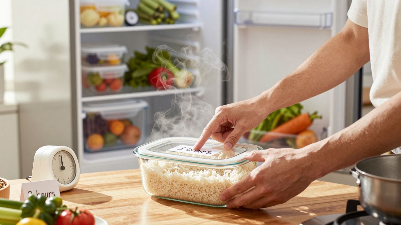Mãos a fechar recipiente com arroz cozido e etiqueta de 5 horas numa bancada de cozinha com frigorífico aberto ao fundo.