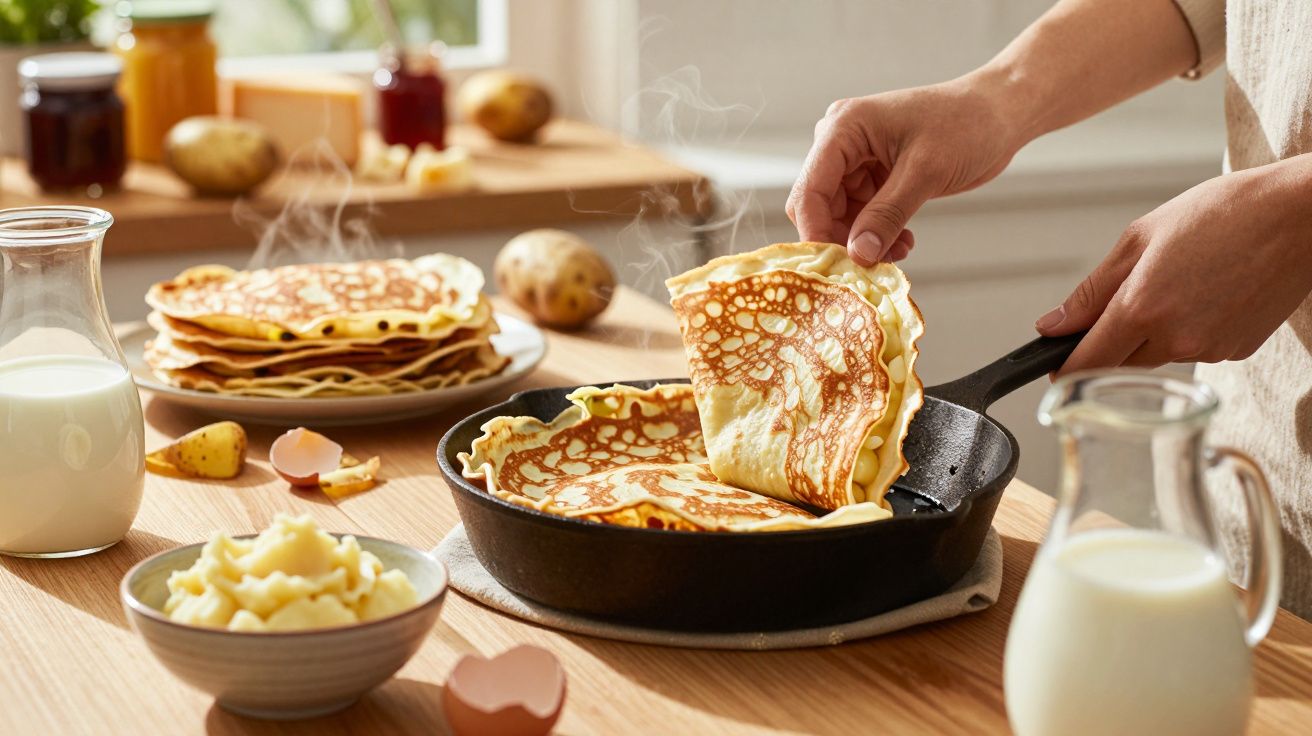 Pessoa a virar panquecas numa frigideira, com jarros de leite, batata e puré numa mesa de madeira.