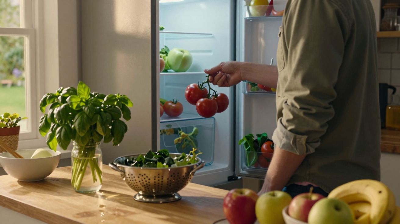 Pessoa a tirar tomates do frigorífico numa cozinha com frutas e ervas frescas na bancada.