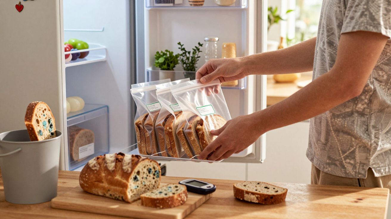 Pessoa colocando pães embalados em saco plástico no frigorífico, com pão e dispositivo médico sobre a mesa de madeira.