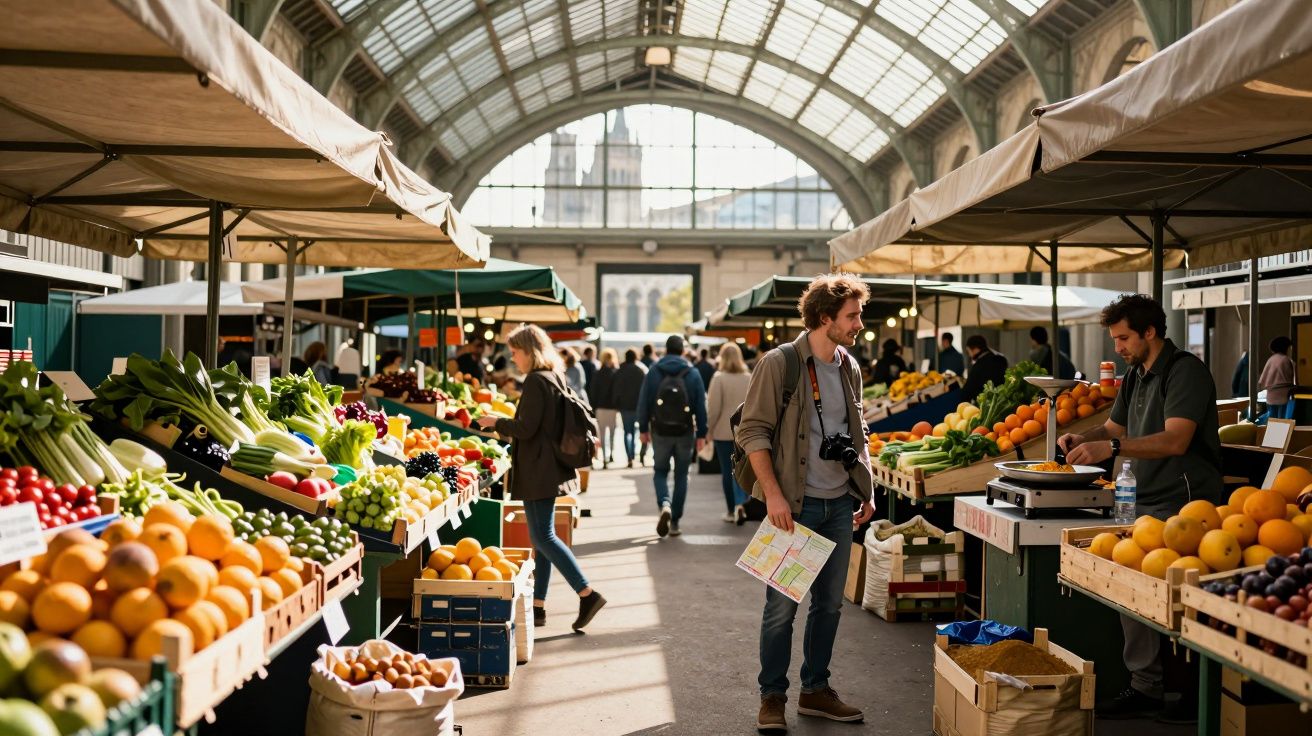 Mercado coberto com bancas de frutas e legumes frescos e pessoas a fazer compras.