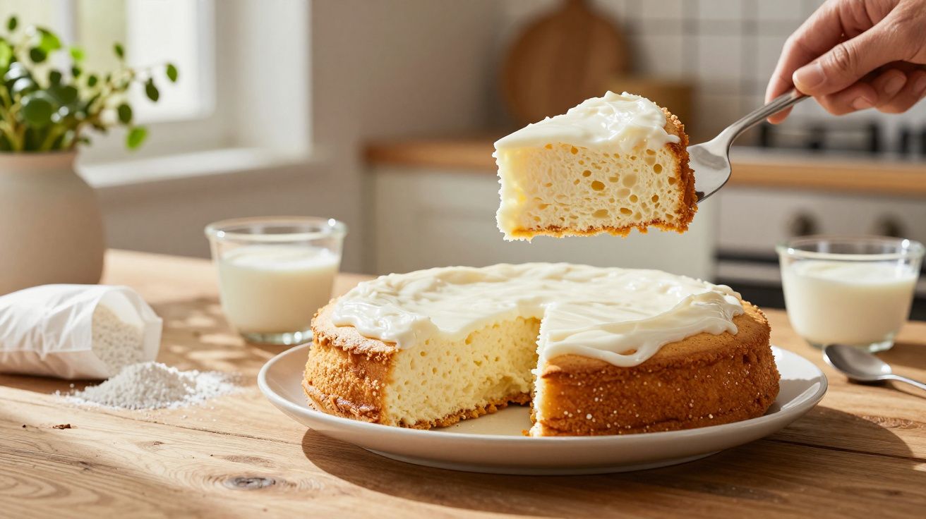 Bolo fofo com cobertura branca a ser retirado do prato, sobre mesa de madeira com ingredientes ao fundo.