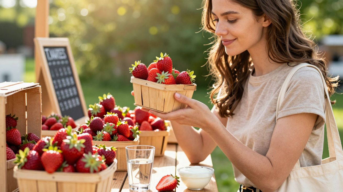 Mulher segura caixa de morangos frescos num mercado ao ar livre, com mais caixas de morangos na mesa.