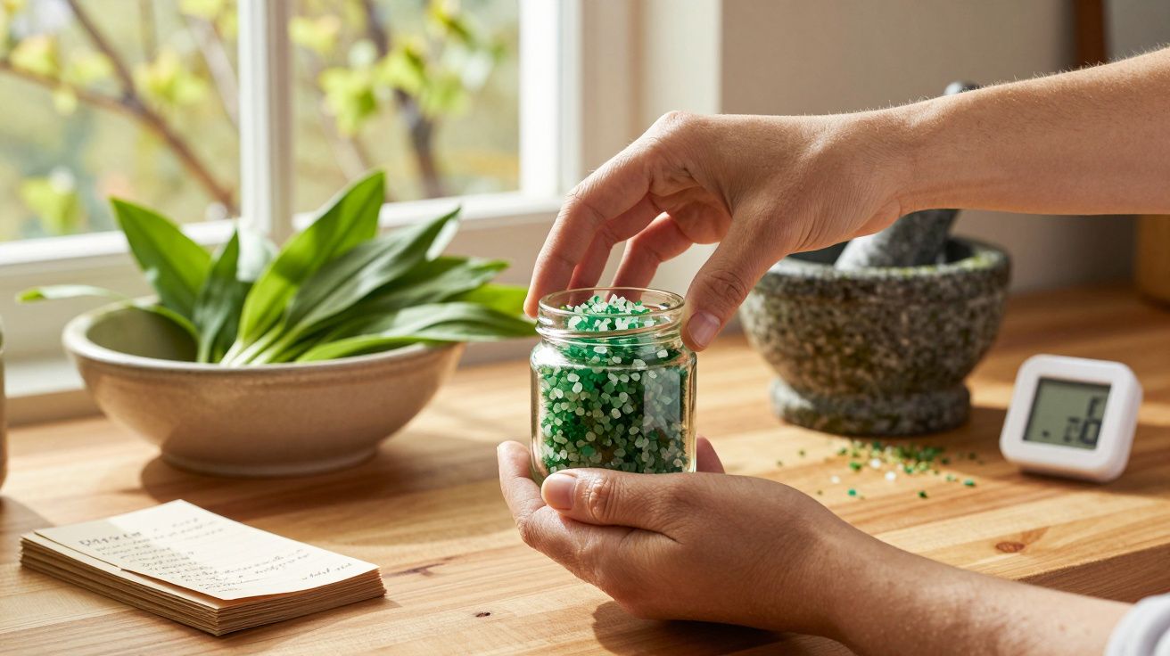 Mãos seguram frasco com cristais verdes numa cozinha iluminada, com plantas e temporizador ao fundo.