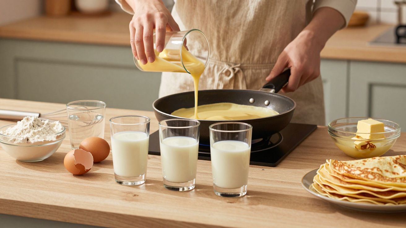 Pessoa a despejar massa para panquecas numa frigideira com ingredientes como leite, ovos, farinha e manteiga à volta.