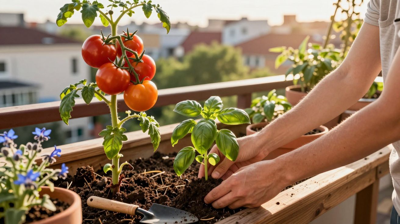 Pessoa a cuidar de plantas num vaso de madeira numa varanda, com tomates maduros e manjericão.