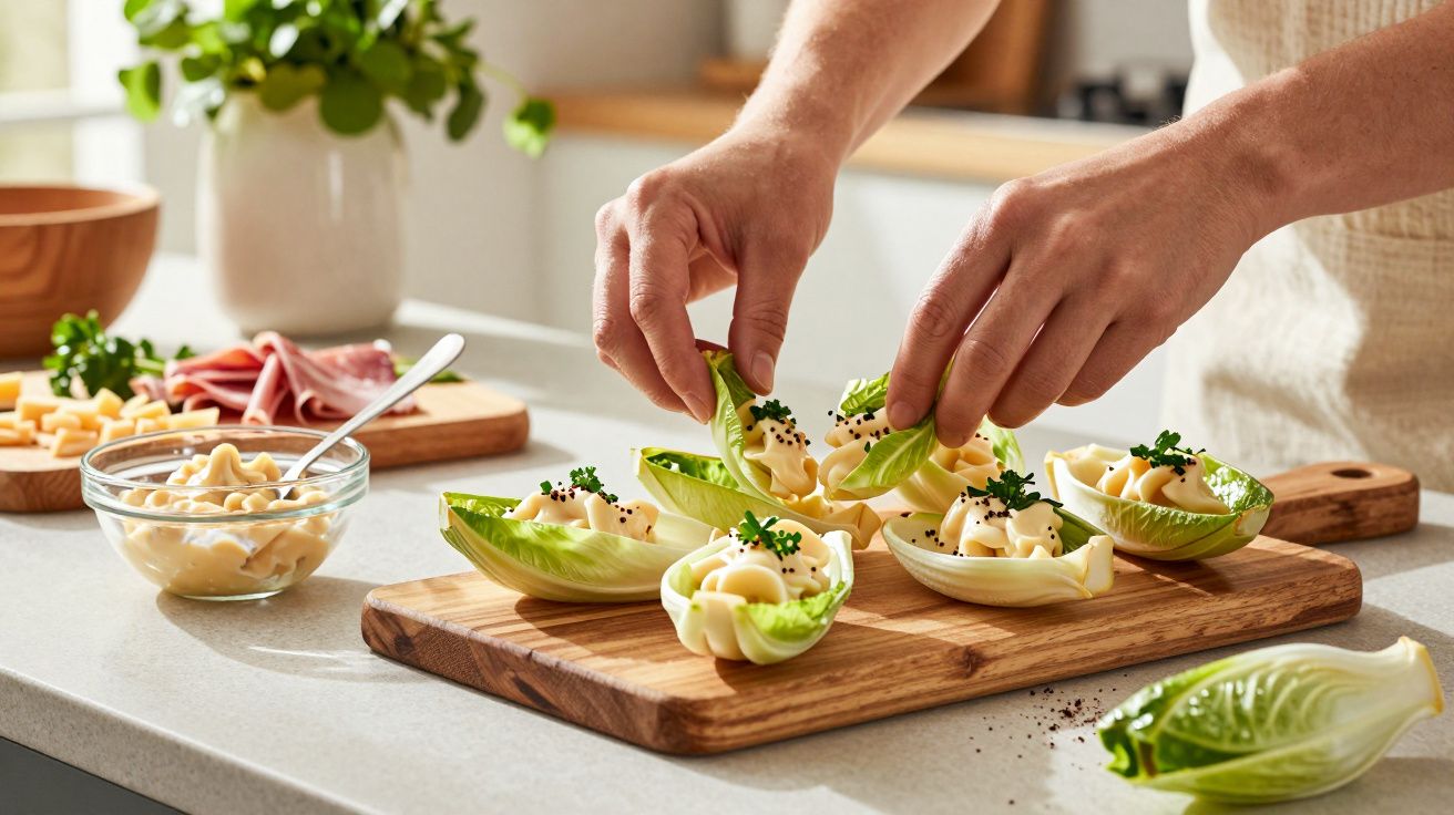 Mãos a preparar entradas com folhas de alface recheadas com maionese e ervas num tabuleiro de madeira.