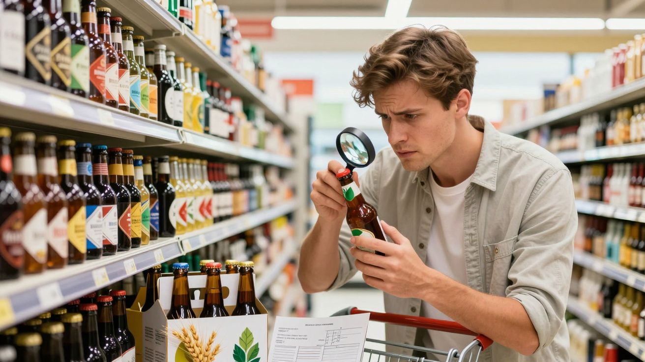 Homem num supermercado examina rótulo de cerveja com lupa na mão junto a carrinho de compras.