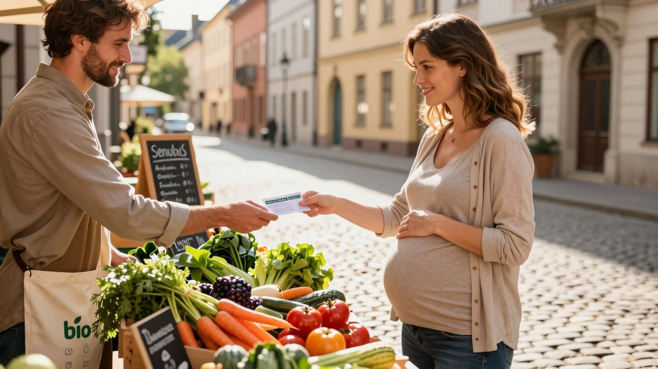 Mulher grávida a comprar vegetais num mercado ao ar livre, entregando um cartão ao vendedor.