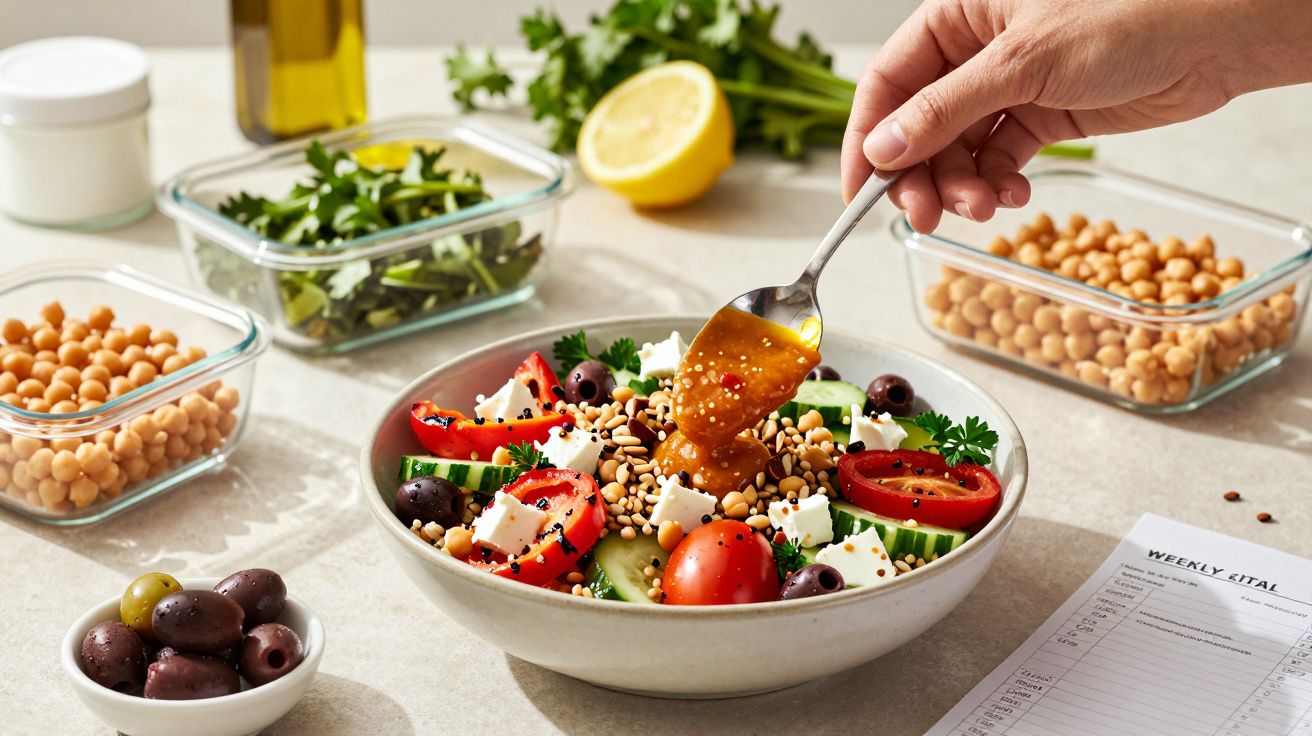 Pessoa a colocar molho numa salada colorida com tomate, queijo feta, grão-de-bico e azeitonas.