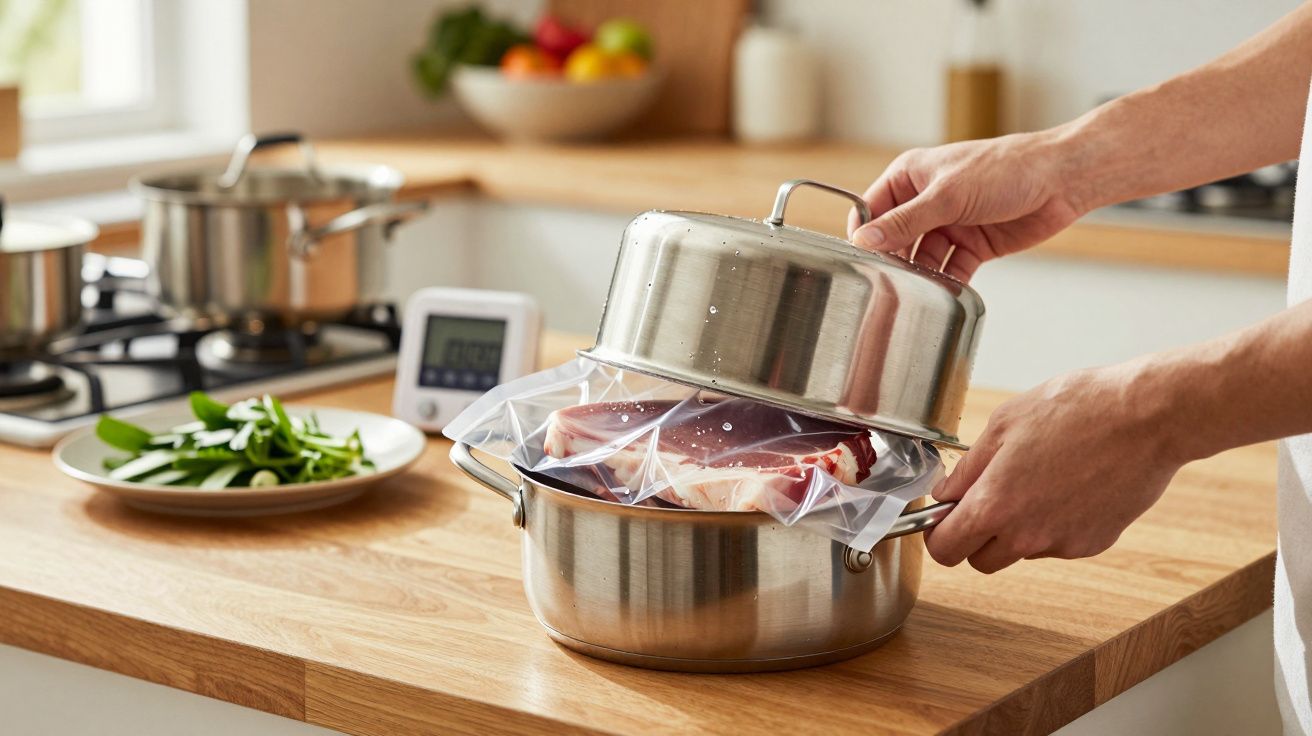 Pessoa a cozinhar carne embalada em saco sous vide numa panela de aço inoxidável numa cozinha moderna.