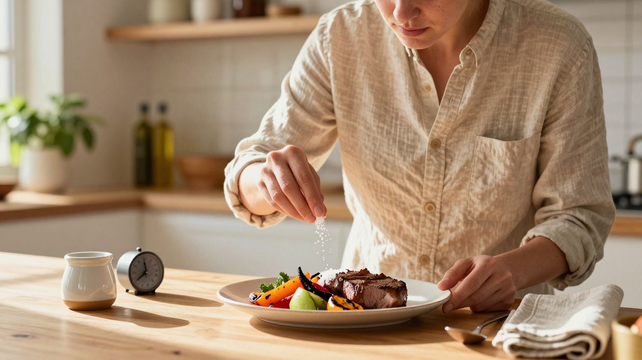 Pessoa a temperar prato com legumes e carne numa cozinha iluminada e acolhedora.