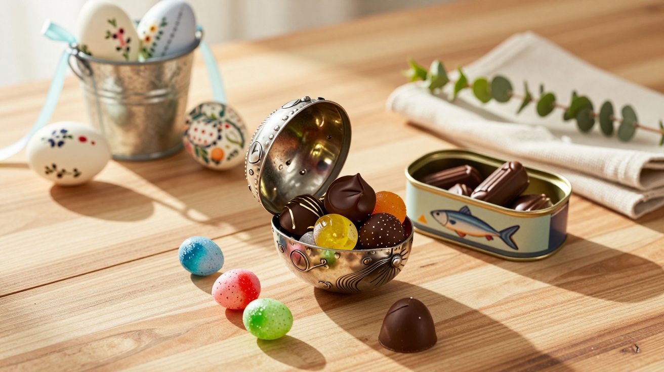 Ovos de Páscoa coloridos e bombons de chocolate em caixinhas decorativas sobre mesa de madeira.