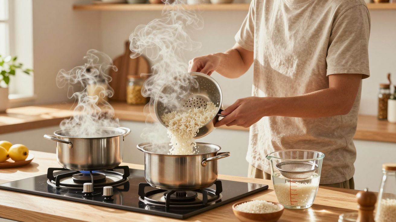 Pessoa a escorrer arroz cozido para uma panela fumegante num fogão a gás numa cozinha iluminada.