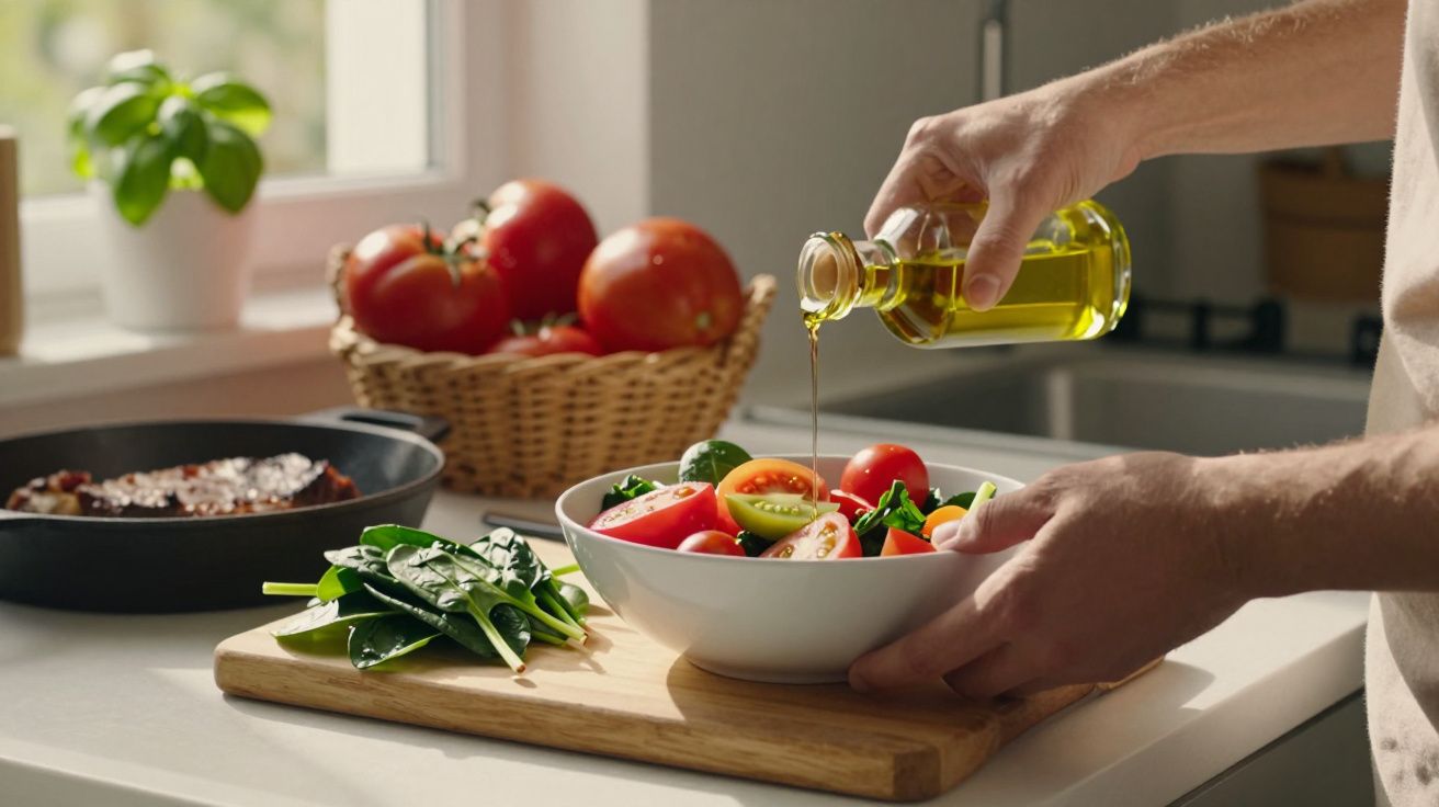 Pessoa a temperar salada com azeite numa cozinha iluminada, com legumes frescos e comida a ser preparada.