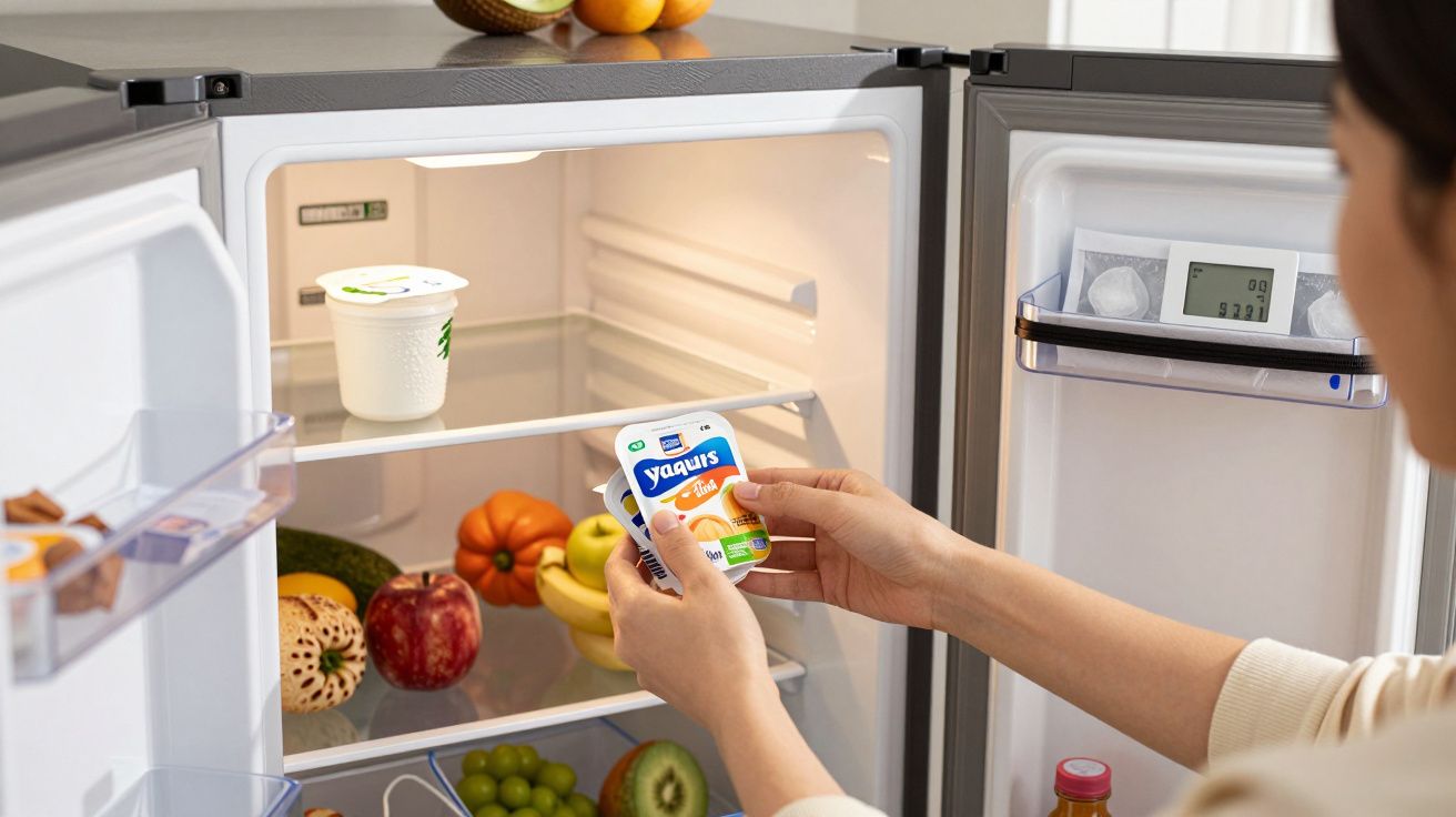 Pessoa a guardar iogurte na prateleira do frigorífico com frutas e legumes dentro.