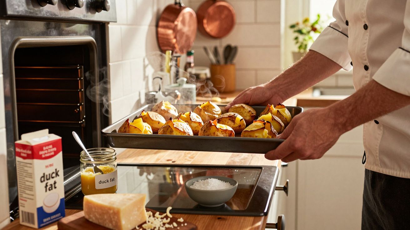 Pessoa a retirar tabuleiro com batatas assadas do forno numa cozinha moderna.