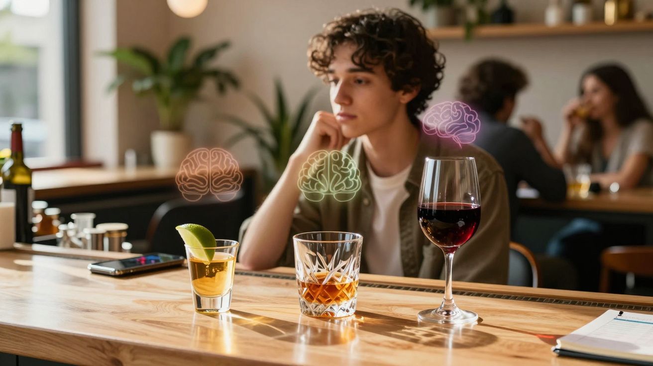 Jovem pensativo no bar com três bebidas e ilustrações de cérebros coloridos a flutuar.