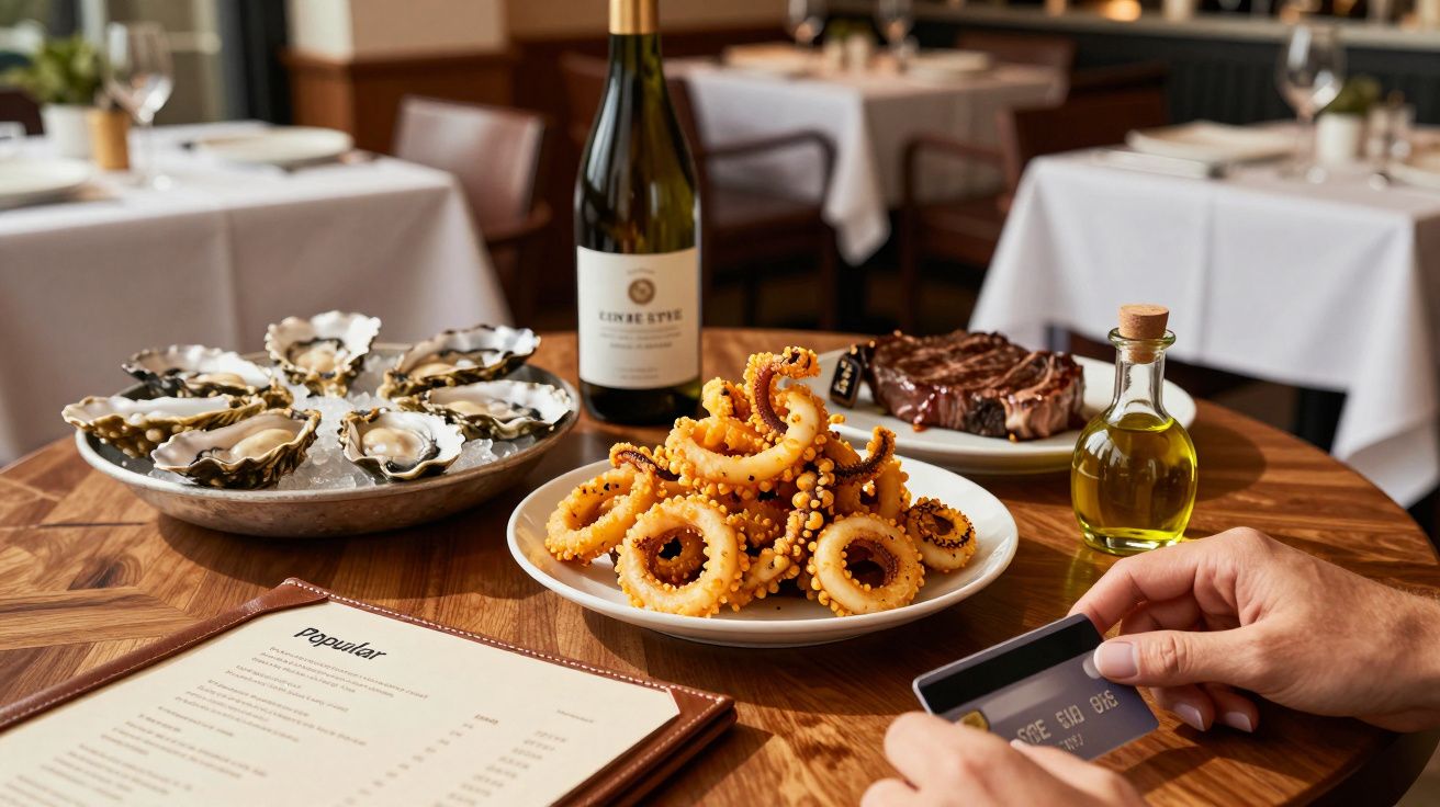 Prato de polvo frito, ostras com gelo, bife, garrafa de vinho e azeite numa mesa de restaurante.