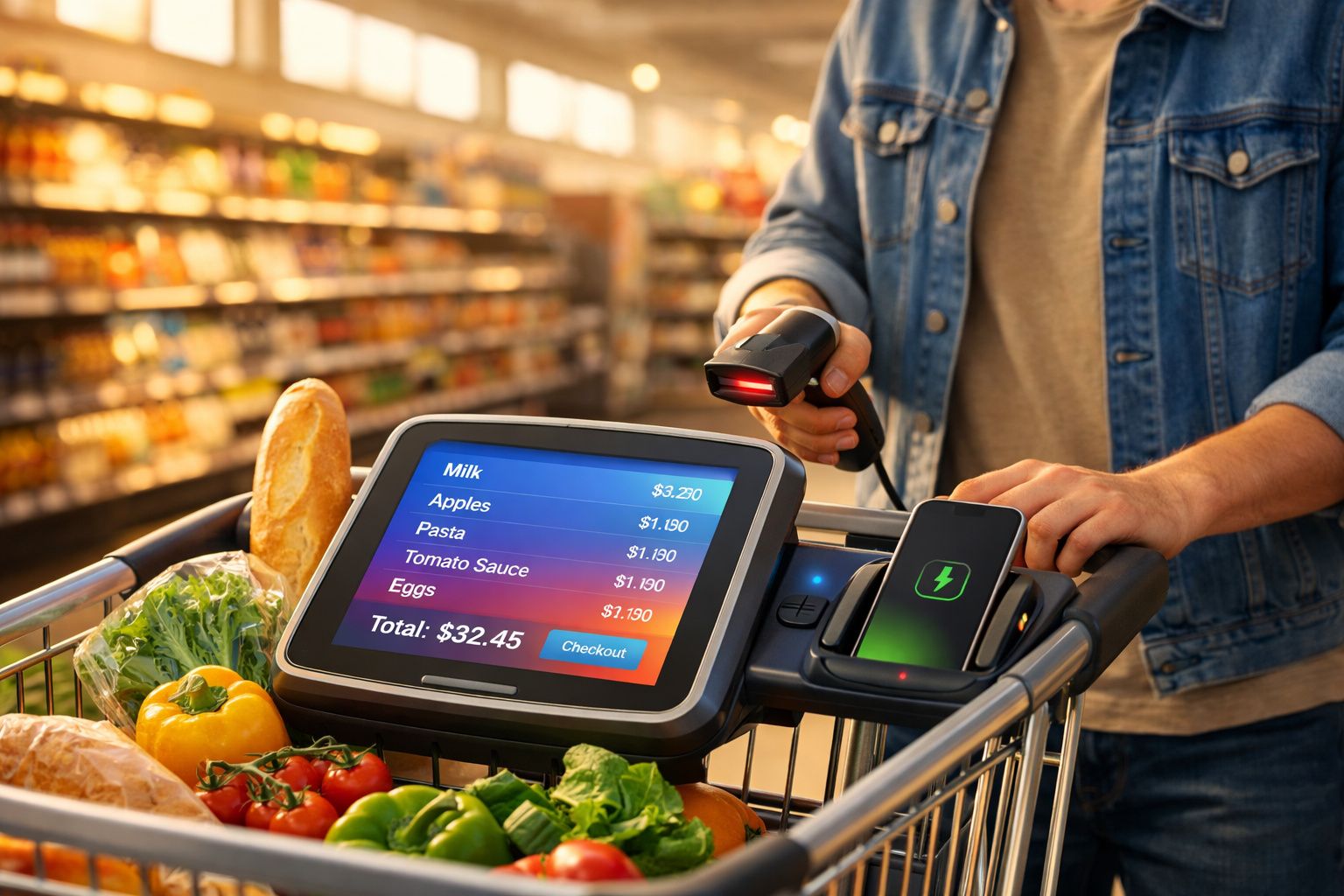 Pessoa a usar leitor de código de barras num carrinho de supermercado com ecrã digital de compras.