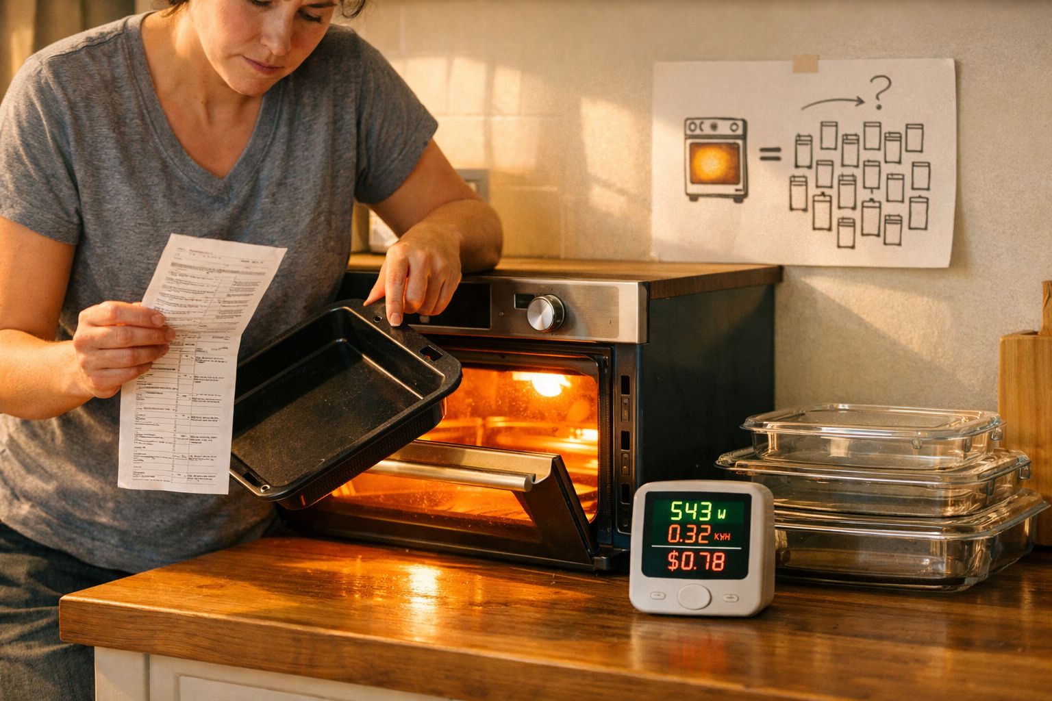 Pessoa a usar forno elétrico com medidor de consumo energético e folha de instruções na cozinha.