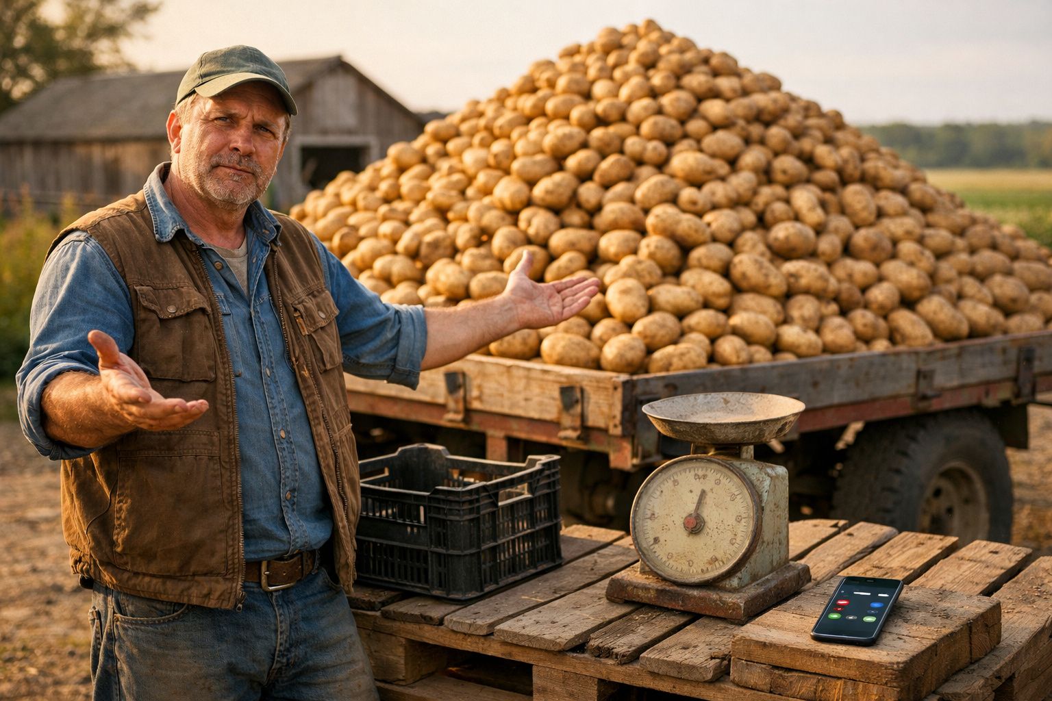 Agricultor junto a carreta carregada de batatas com balança antiga e telemóvel numa mesa de madeira.