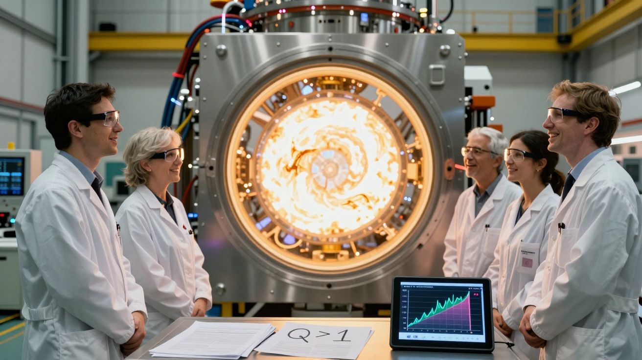 Equipa de cientistas com bata branca observando experimento de fusão nuclear em laboratório moderno.