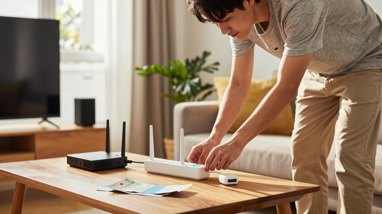 Homem configura um router wireless numa mesa de madeira numa sala luminosa e moderna.