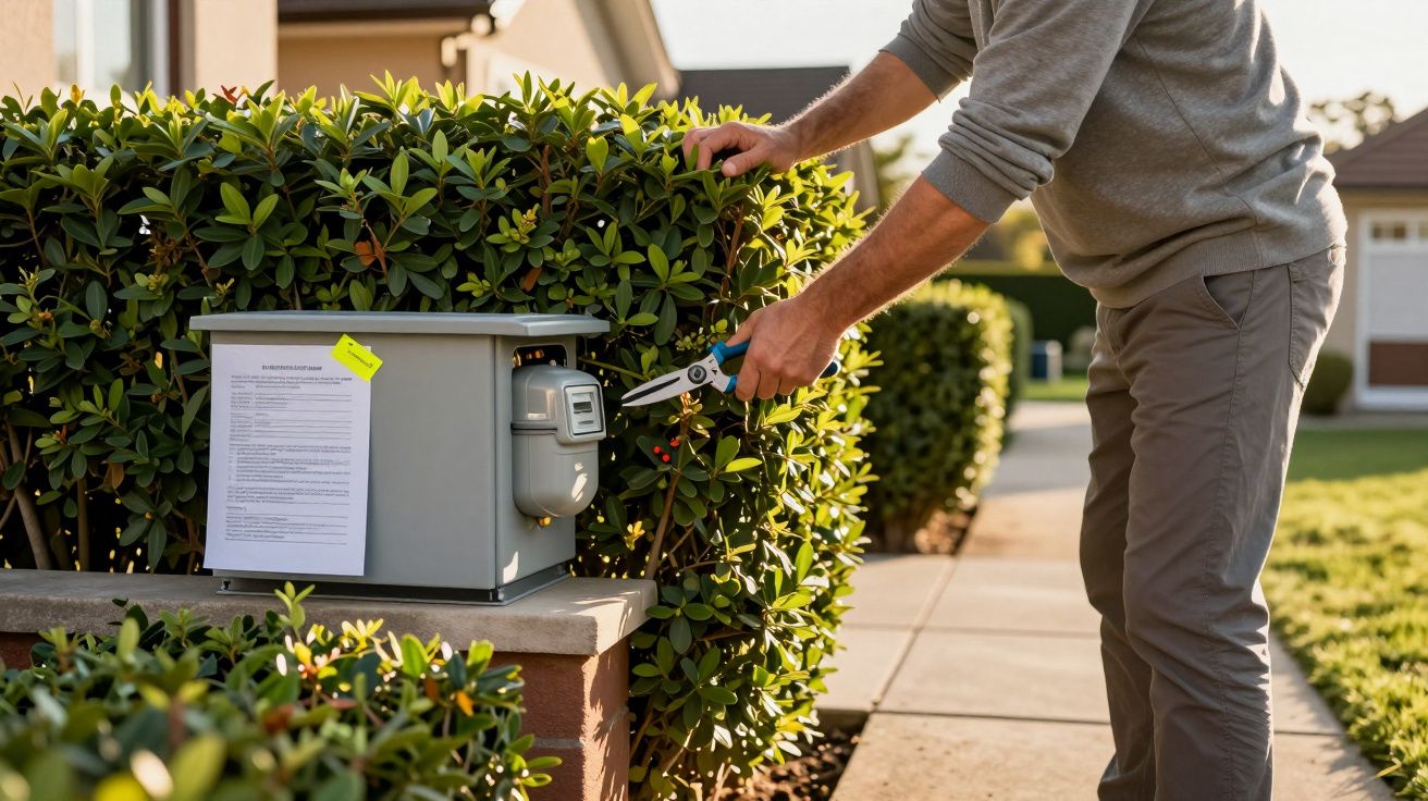 Pessoa a podar uma sebe verde junto a um medidor de eletricidade num bairro residencial.