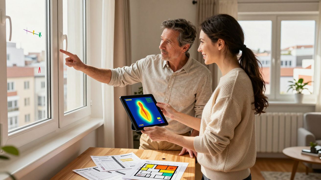Casal analisa eficiência energética das janelas com tablets e plantas da casa numa sala luminosa.