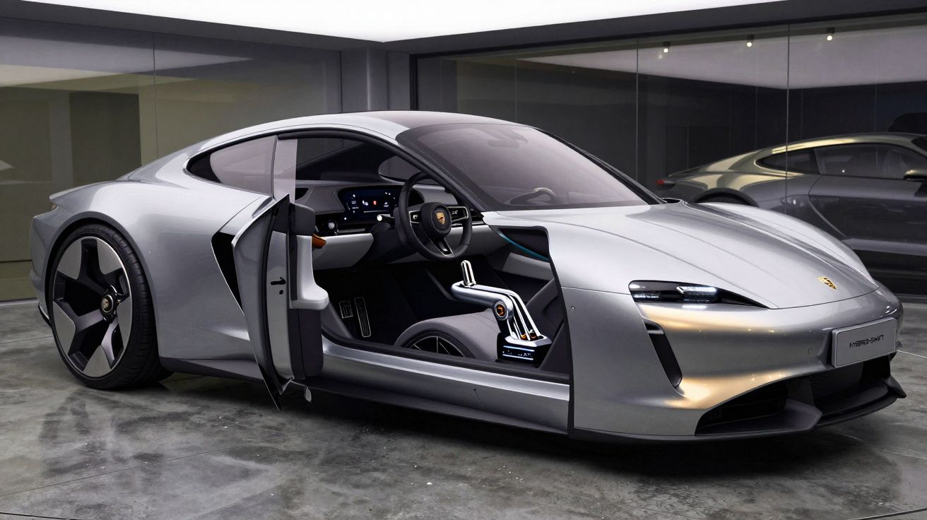 Carro desportivo prateado com a porta dianteira esquerda aberta, interior visível e design futurista estacionado em garagem.