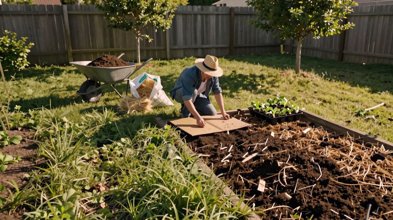 Pessoa a preparar canteiro de terra com palha no jardim, usando chapéu de palha e rodeada de plantas e carrinho de mão.