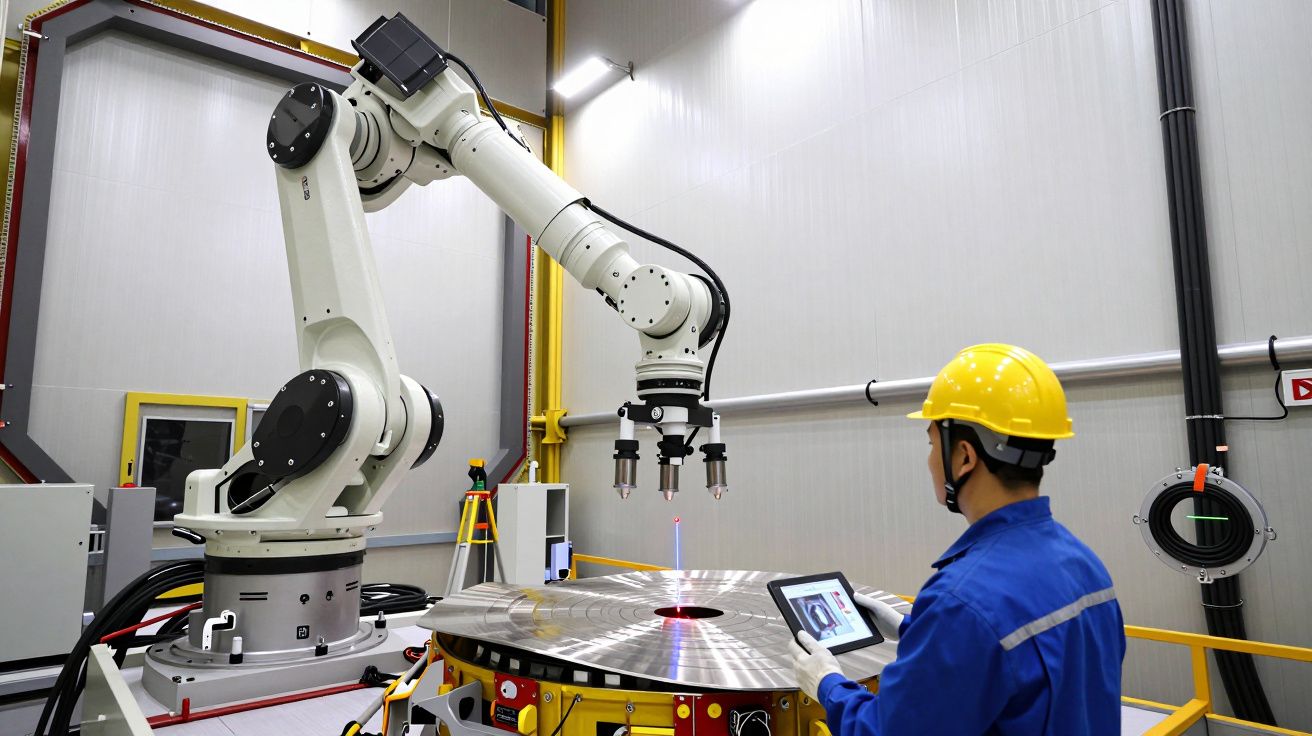 Técnico com capacete amarelo operando braço robótico branco numa fábrica moderna.