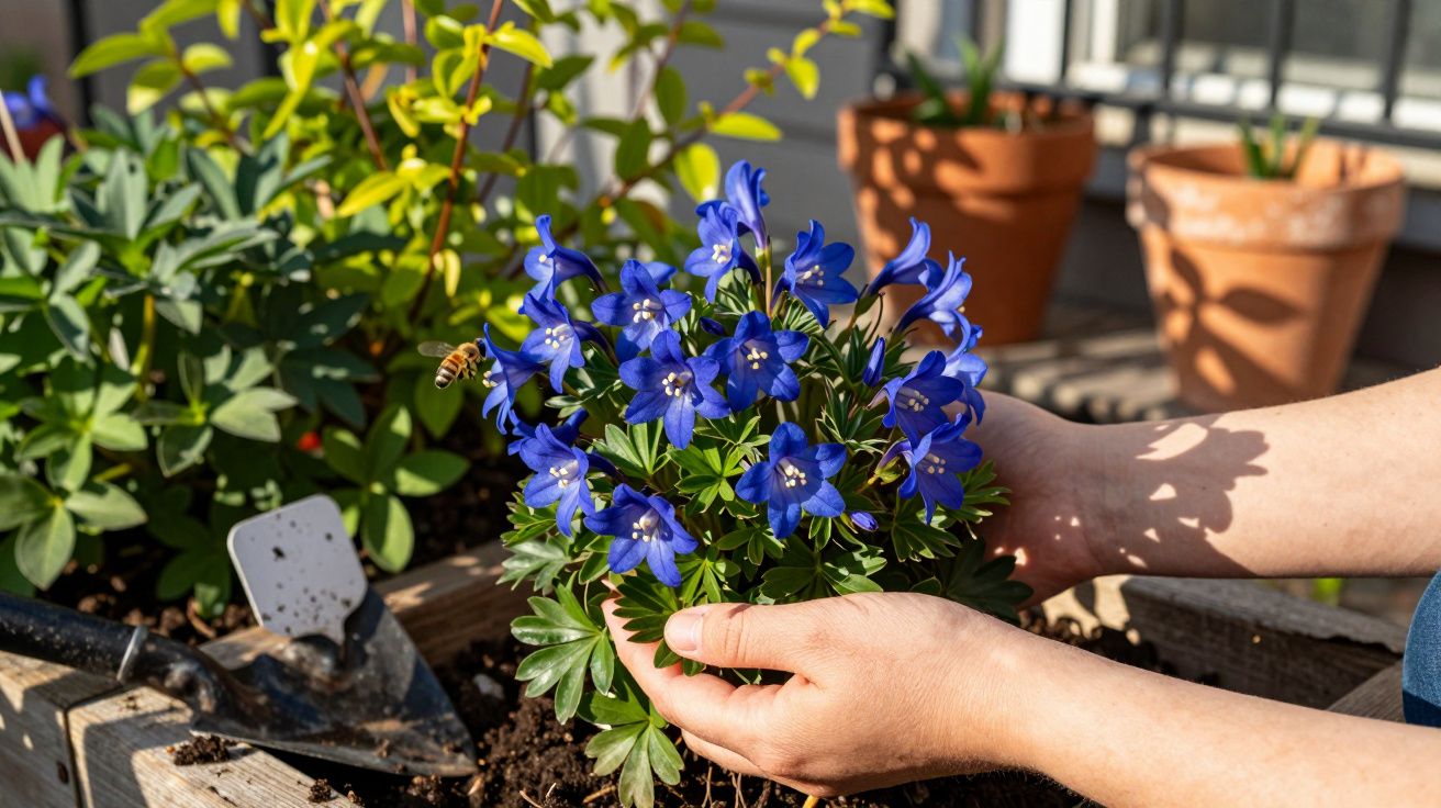 Mãos a plantar flores azuis numa caixa de madeira com uma abelha a voar perto num jardim urbano.