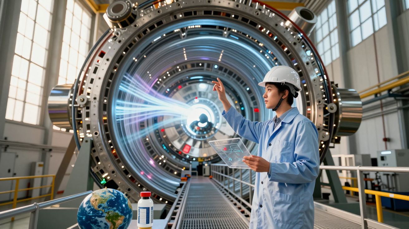 Engenheiro com capacete controla painel digital em laboratório com equipamento tecnológico futurista.